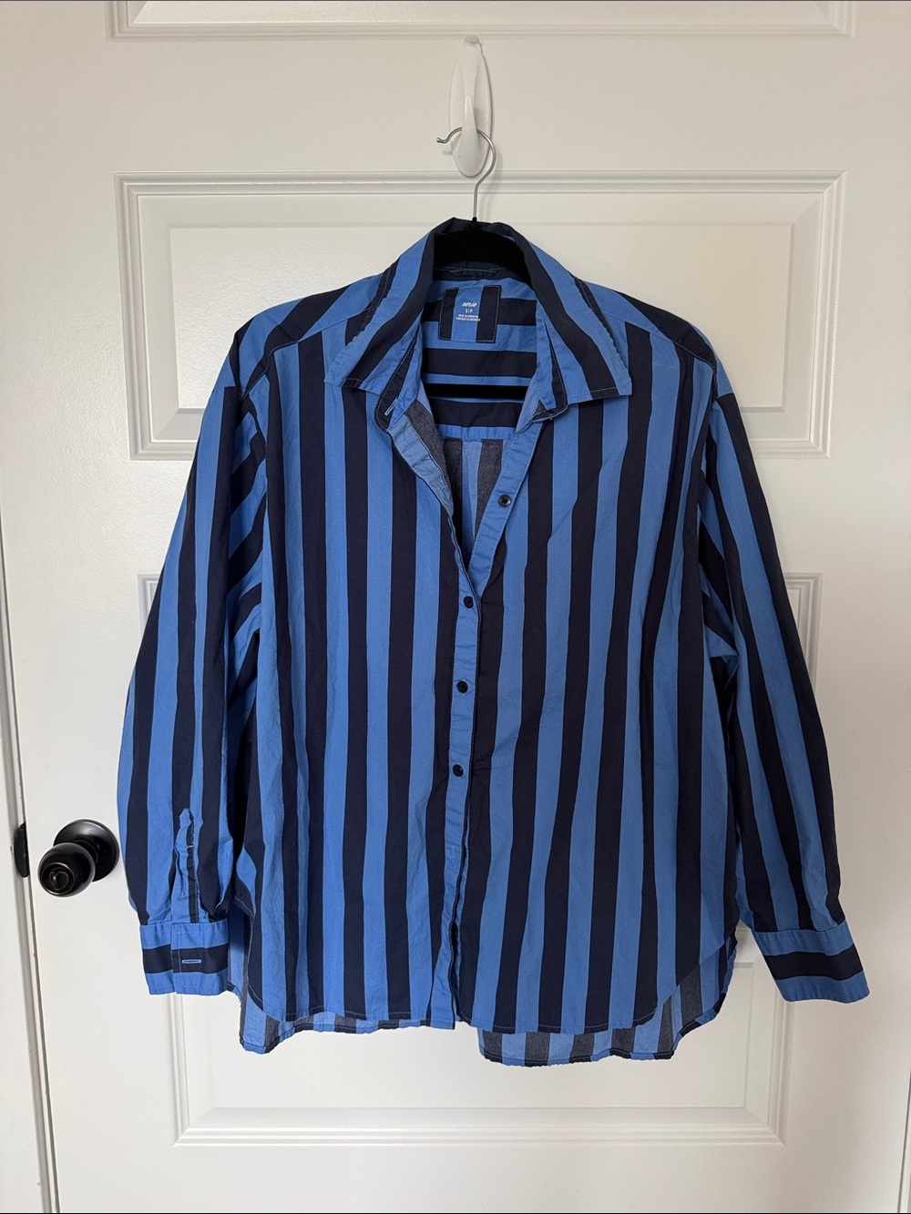 Aerie Blue and Navy Vertical Oversized Stripe Button-Up Shirt